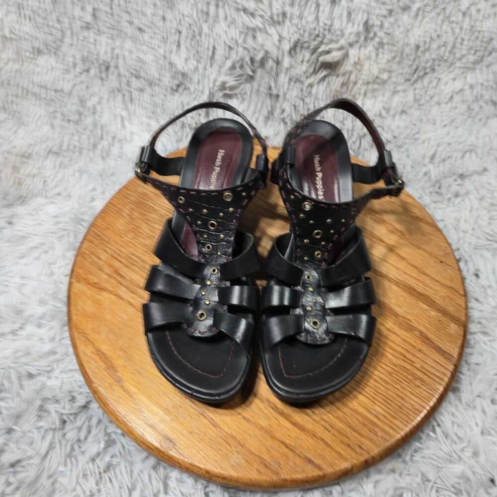 Hush Puppies Segovia Wedge Sandals Womens Sz 8M Brazilian Leather Black Metallic